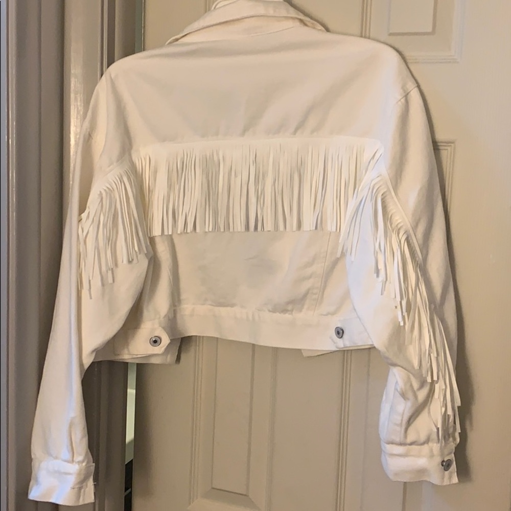 White fringe cropped jean/denim jacket